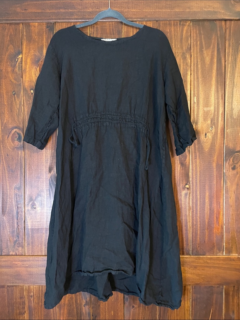 Saga Made in Italy 100% Linen Black Dress with Drawstring Waist